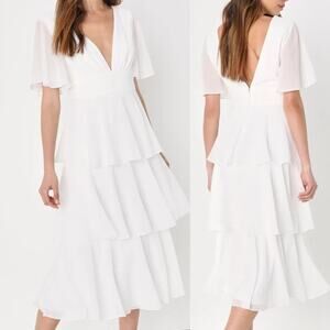 LULU'S M Ways of the Heart White Flutter Sleeve Tiered Midi Dress NEW B30 *flaw